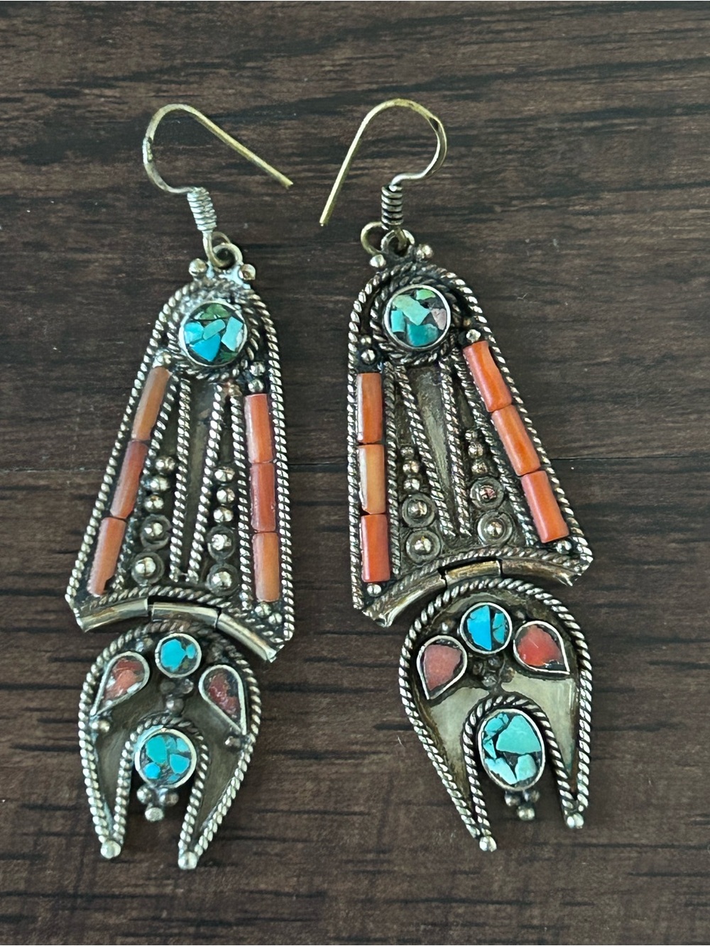 Vintage Turquoise and Coral Dangle Statement Tibethan Earrings